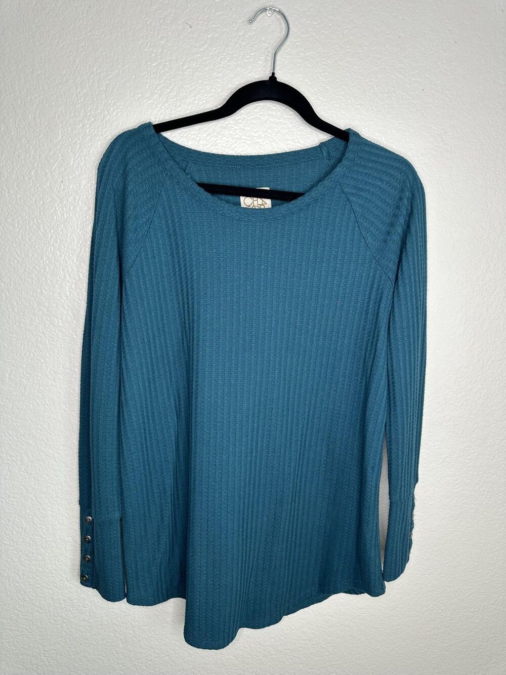 Chaser Womens Large Blue Ribbed Long Sleeve Shirt Button Cuff Stretch Casual Top